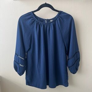 Bobeau Navy Oversized Peasant Blouse with Ladder Trim Sleeves- Size Small